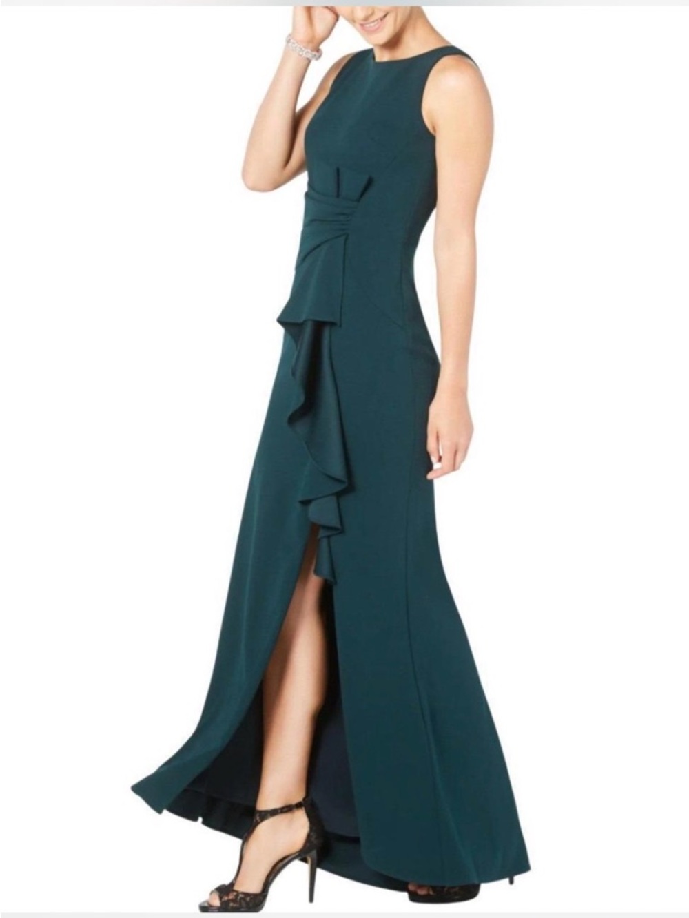 Betsy & Adan Sleeveless Dark Teal Ruffle-Front Evening Dress/ Mother Bride